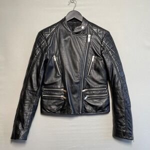 Leara Woman Black Sheep Leather‎ Moto Jacket Quilted Asymmetrical Zip Size S